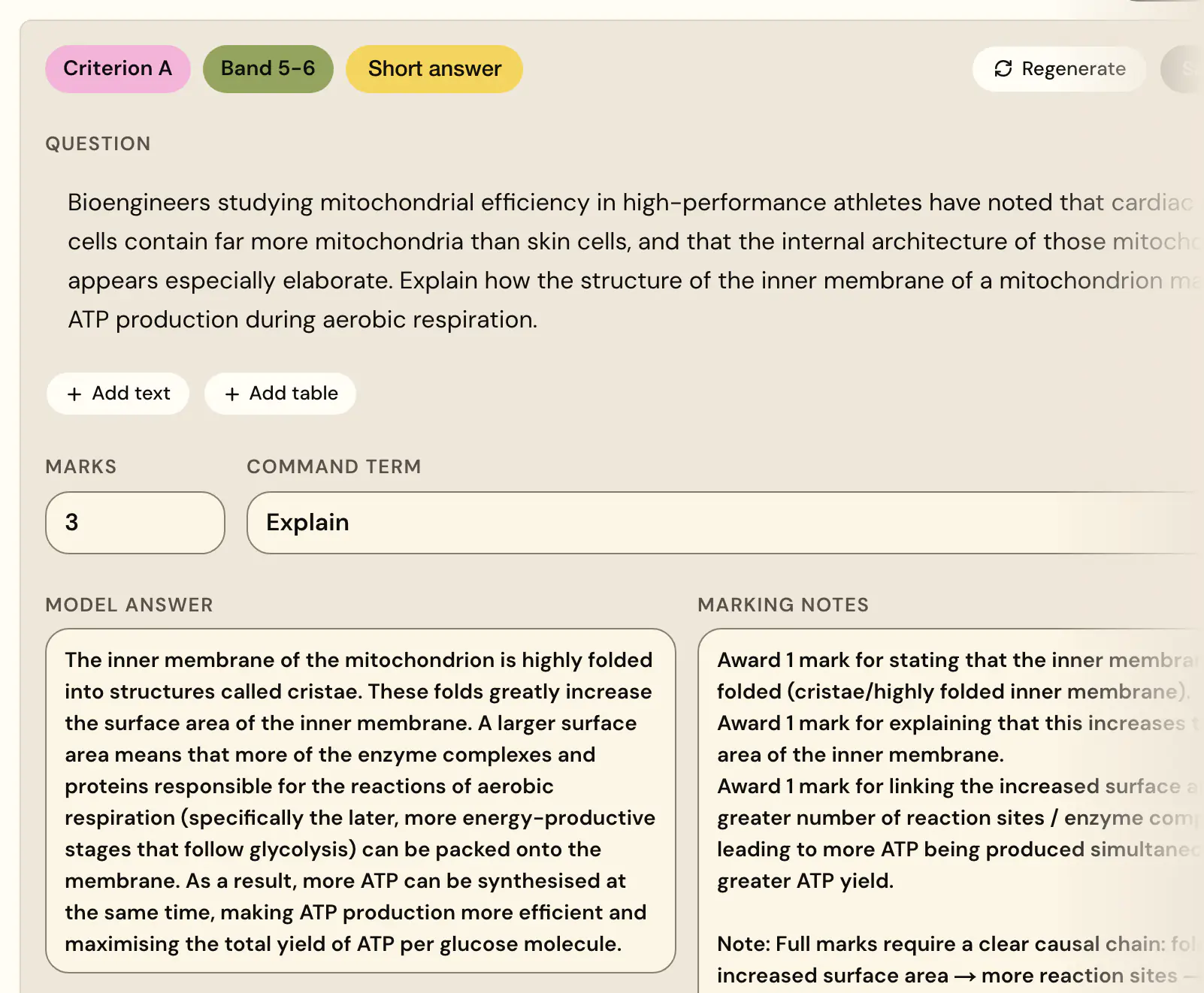 A generated MYP 4 Biology question being refined: Criterion A, band 5 to 6, an Explain question on the mitochondrion, with its model answer and marking notes.