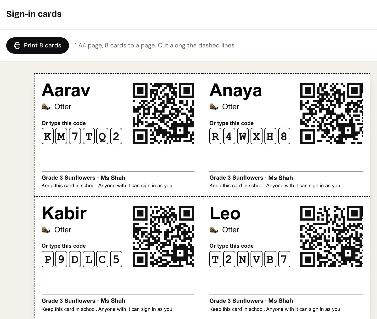 A sheet of printable sign-in cards for Grade 3 Sunflowers, each with a child's name, a QR code and a six-character code.