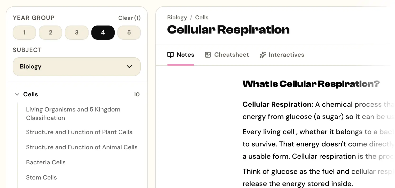 The MYP content library: Year 4 Biology filtered to the Cells unit, with the Cellular Respiration notes open beside it.