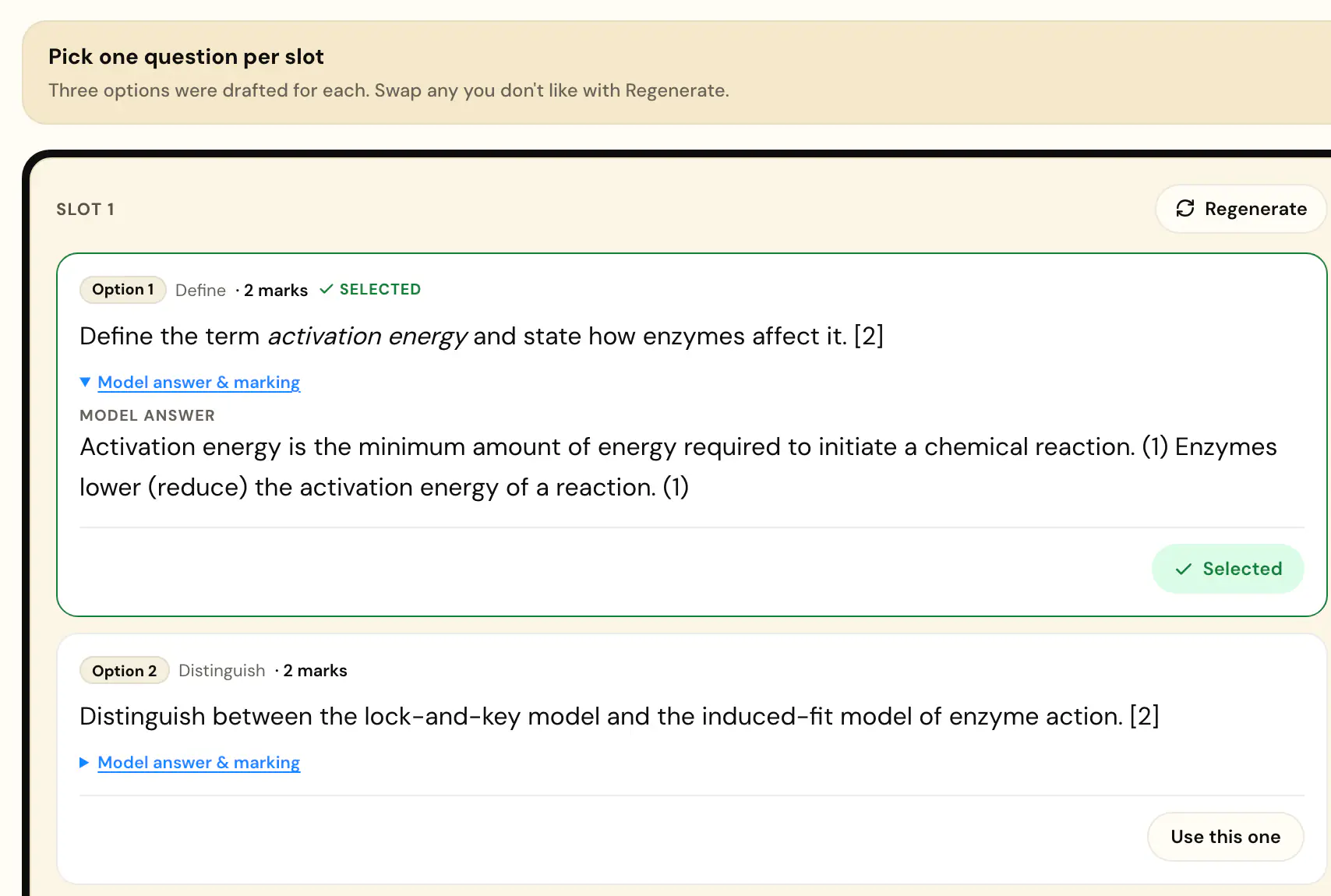 A DP part test slot with drafted questions to choose from; the selected one shows its model answer and marks.
