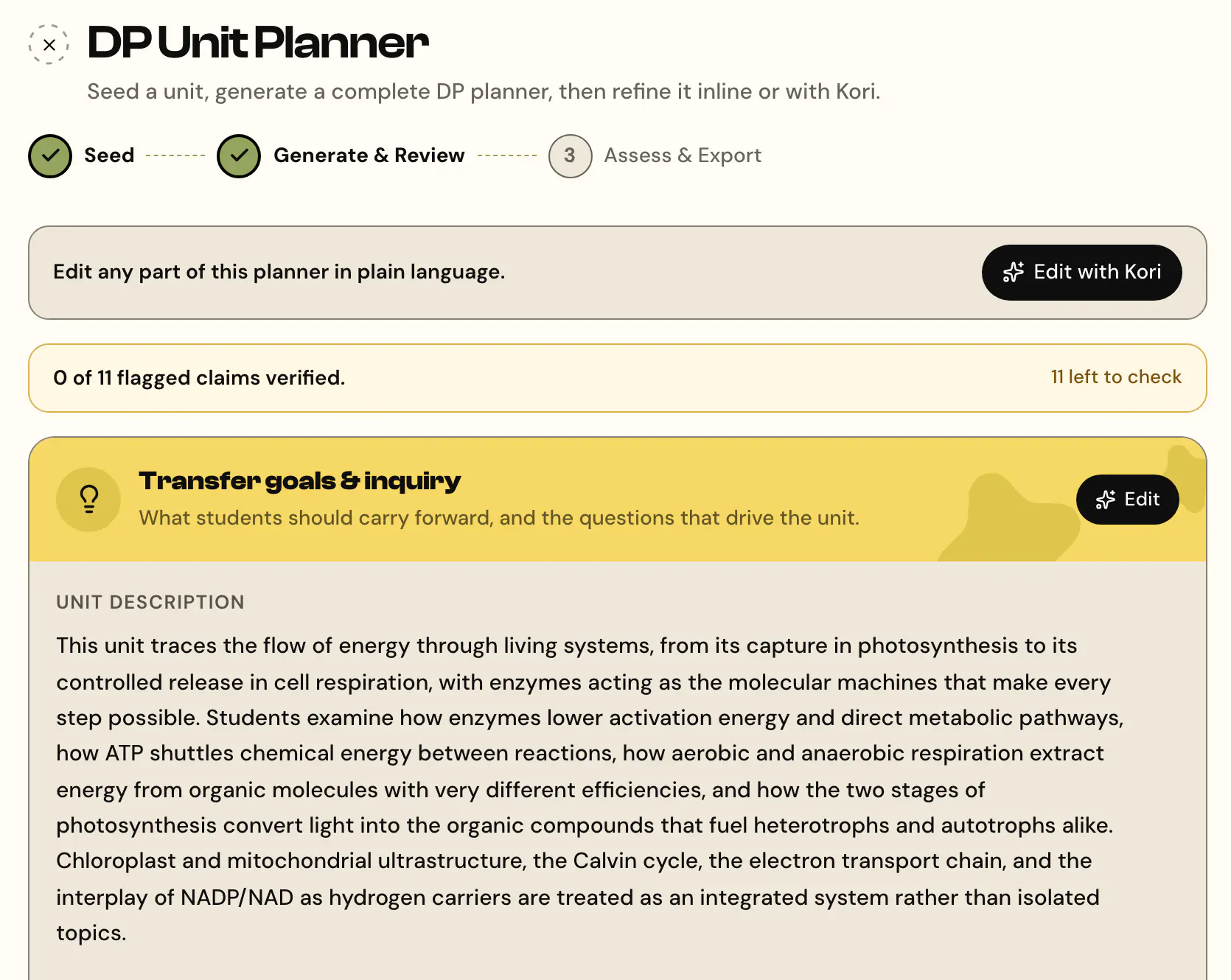 A DP Biology HL unit on energy in living systems: the unit description and transfer goals, with 11 flagged claims to verify.