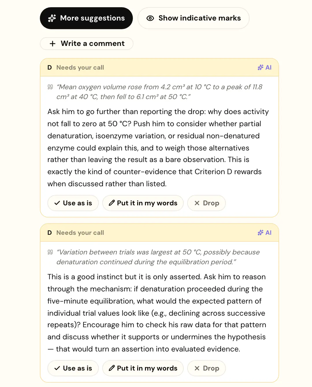 A supervisor reviewing an Extended Essay draft, with suggested Criterion D comments to use as is, reword or drop.