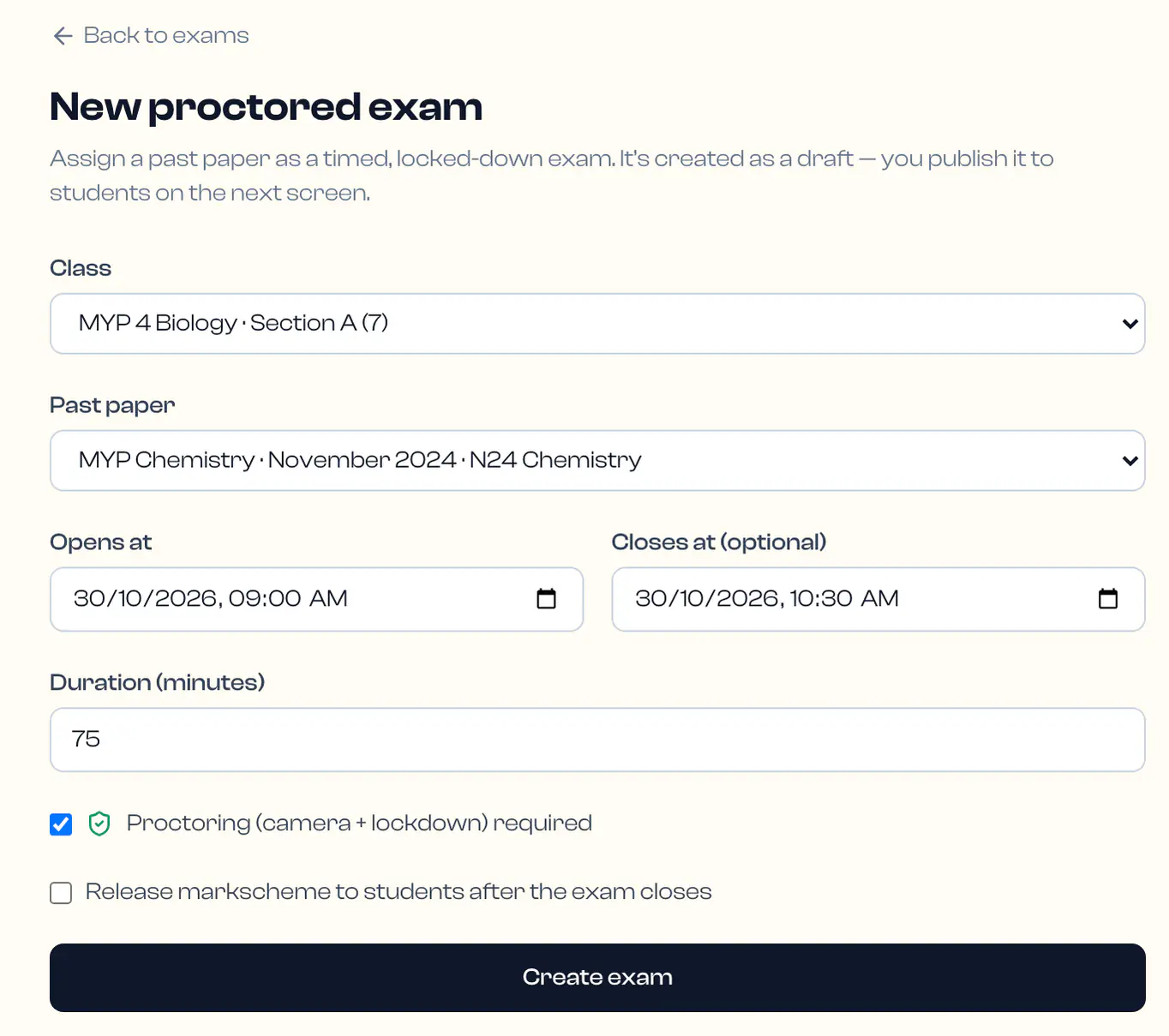 Setting up a proctored exam: class, past paper, opening and closing times, a 75-minute duration and proctoring on.