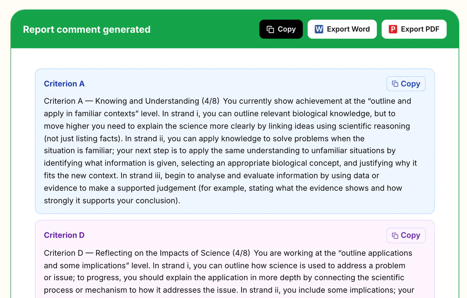 A generated end-of-term report comment, a paragraph per criterion, ready to copy or export to Word or PDF.