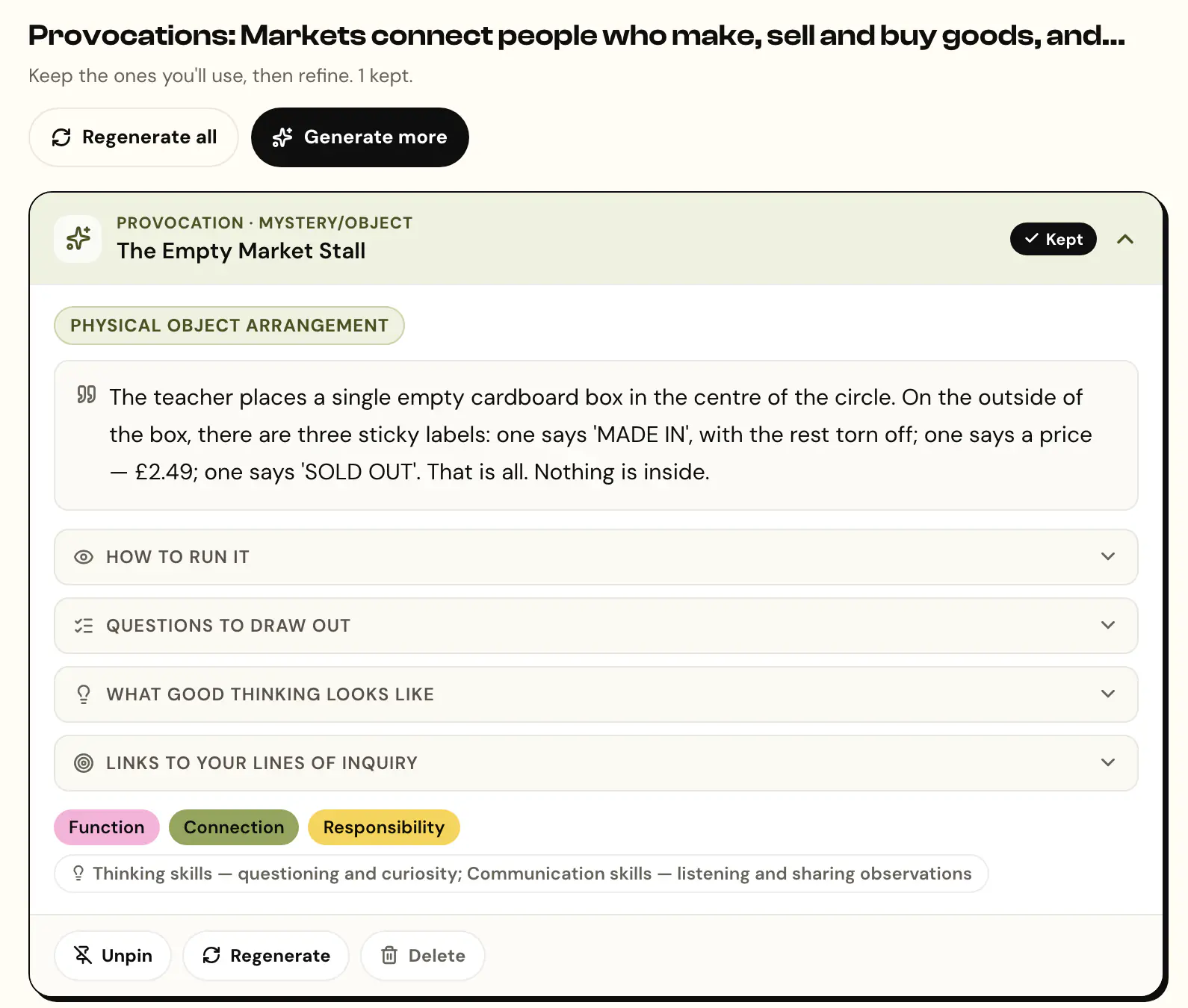 Provocations for the Marketplaces unit, with The Empty Market Stall kept, its set-up, and the concepts it links to.
