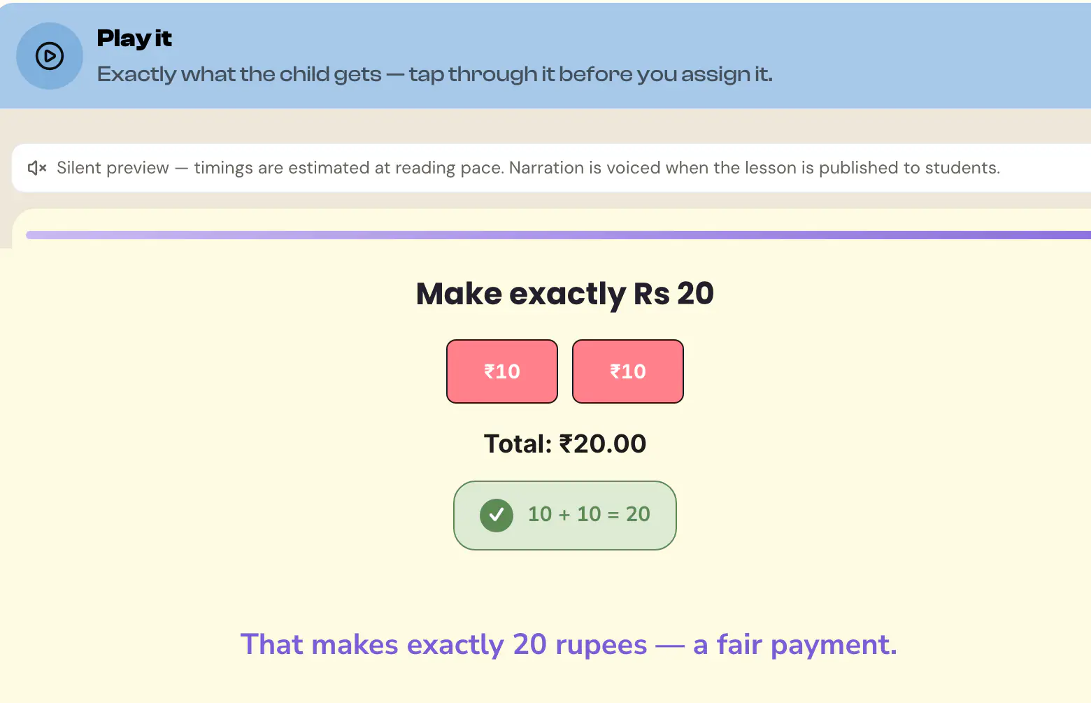A teacher previewing an interactive maths card: make exactly Rs 20, solved with two Rs 10 notes.