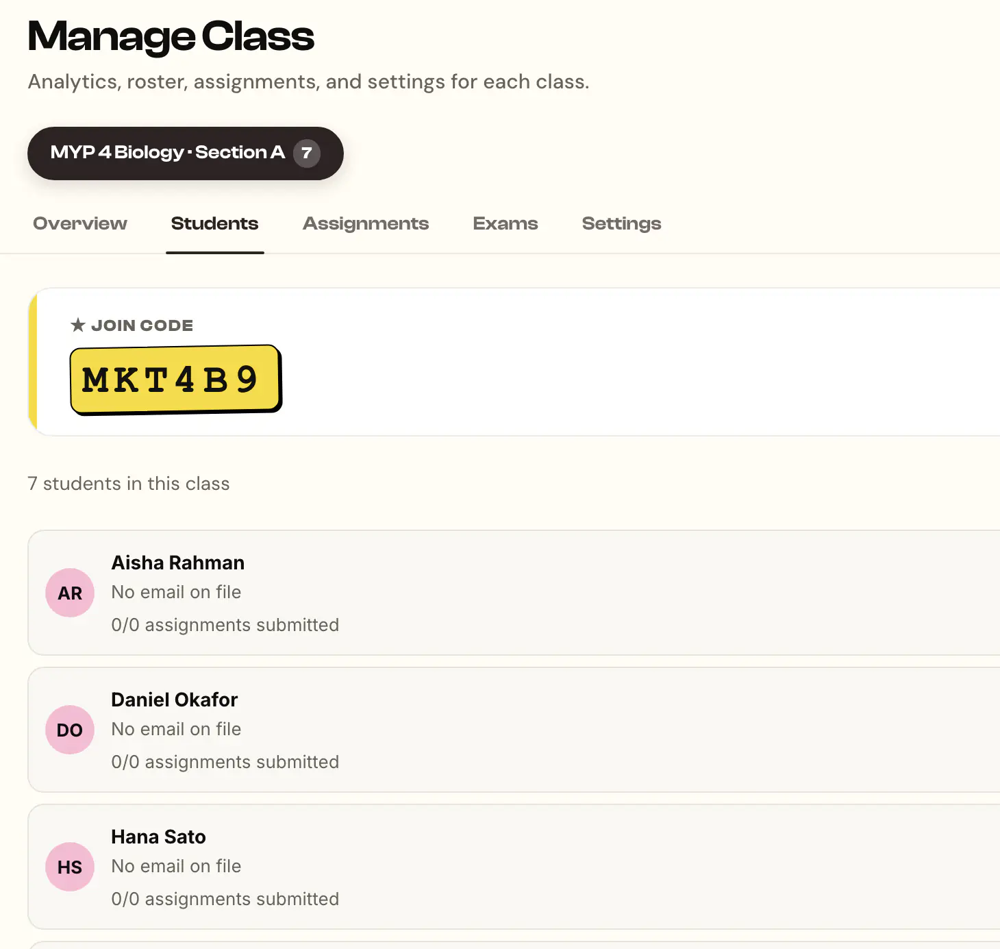 The Manage Class roster for MYP 4 Biology, Section A: the class join code and the first of its seven students.