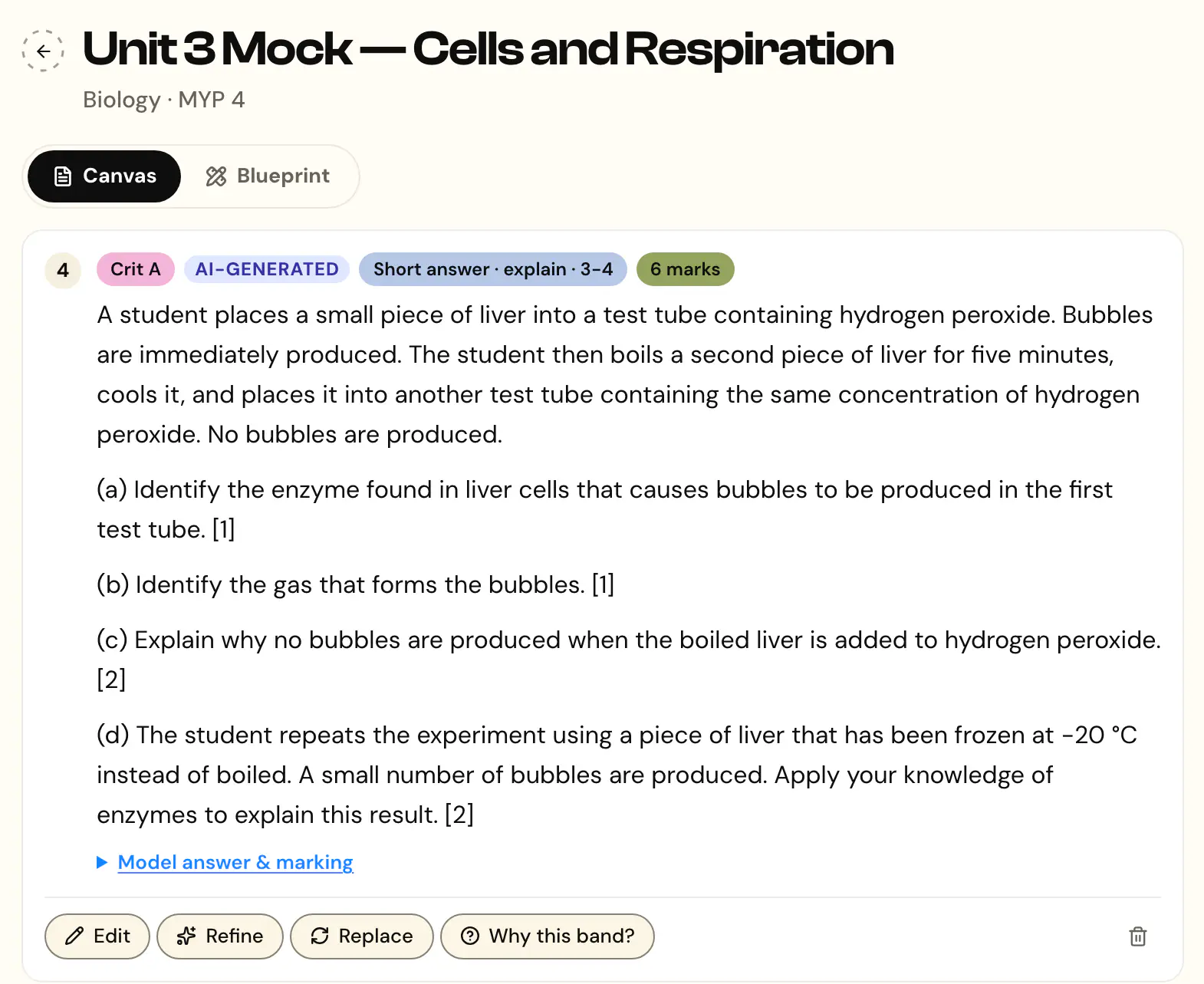 A Unit 3 mock in Paper Builder: an AI-generated four-part enzymes question, tagged to Criterion A and its band.