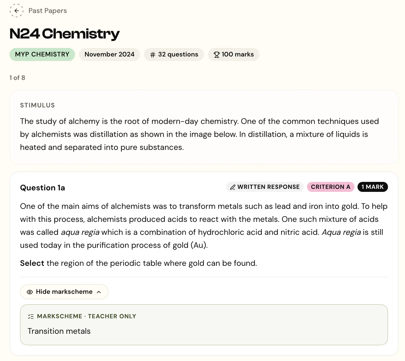 The November 2024 MYP Chemistry paper: the stimulus, then question 1a with its markscheme open.